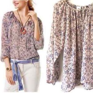 EUC! CAbi Siena Floral Chiffon Boho Tie Long Sleeve Blouse Sheer Shirt size S